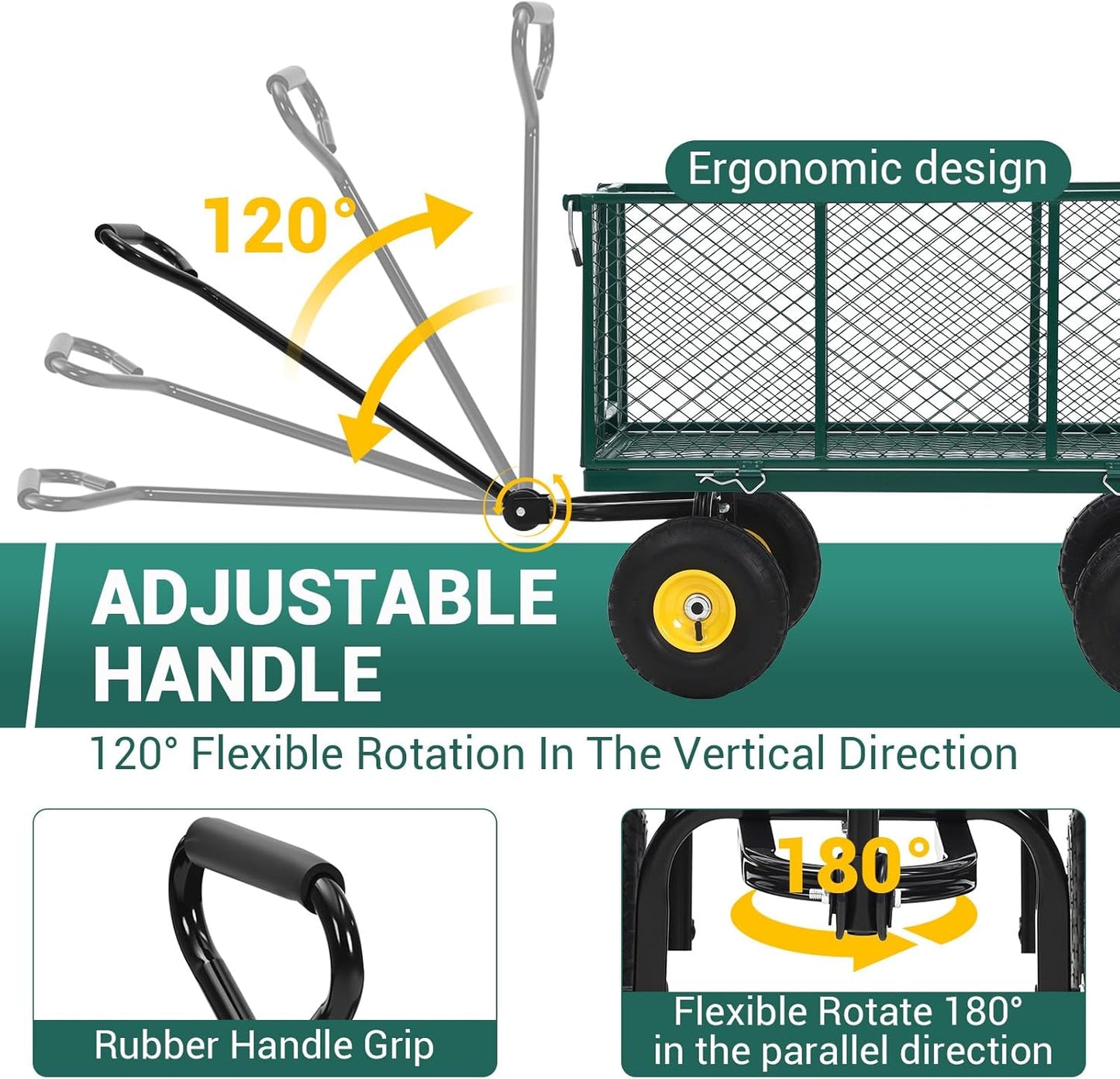 Heavy Duty Steel Garden Cart, 1100LBS Pullable Metal Garden Wagon with 10" Wheels, 180° Rotating Handle and Removable Sides for Outdoor, Farm, Yard, Beach ﻿-VerdiqueGarden