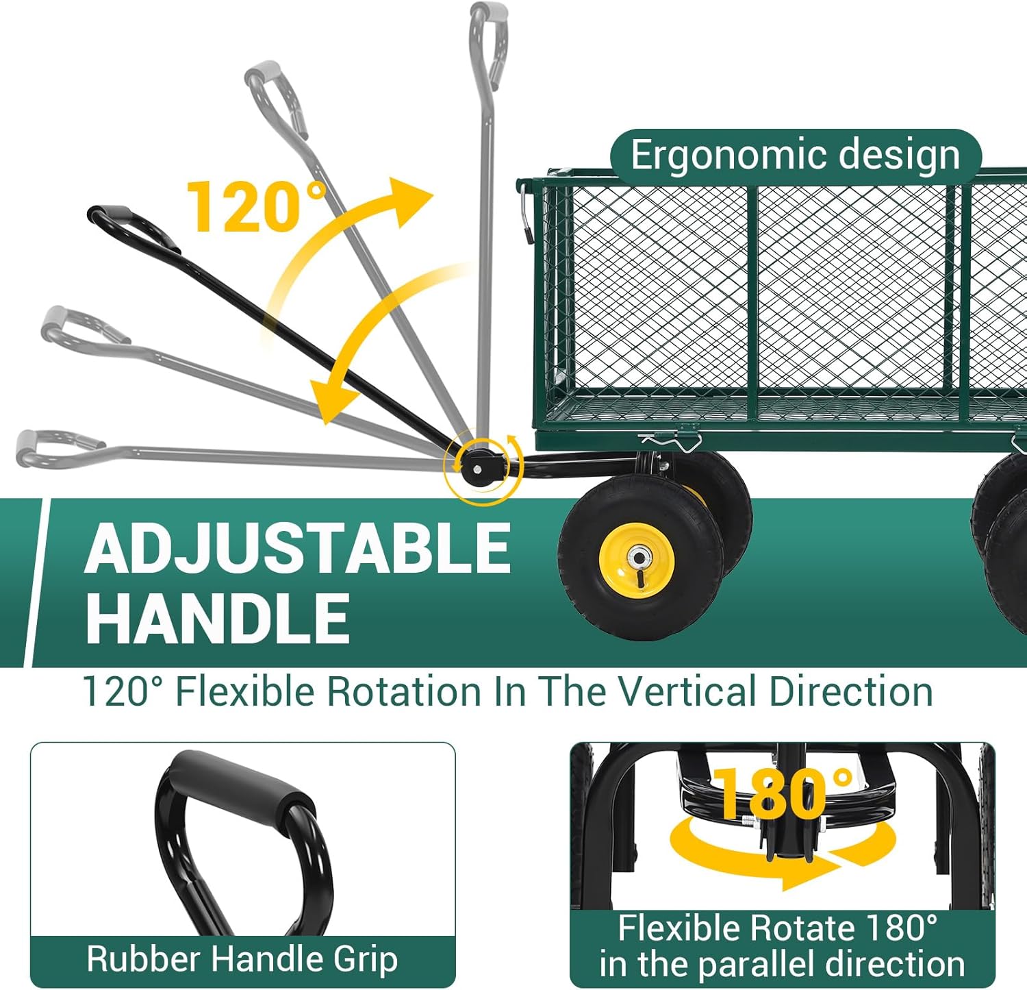 Heavy Duty Steel Garden Cart, 1100LBS Pullable Metal Garden Wagon with 10" Wheels, 180° Rotating Handle and Removable Sides for Outdoor, Farm, Yard, Beach ﻿-VerdiqueGarden