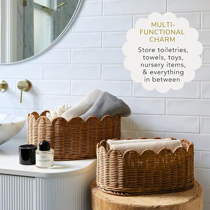 BEBE BASK Premium Scalloped Basket Set Of 2 - Scallop Basket - 16 x 10 x 7 Inch - Hand-Woven Elegant Wicker With Scalloped Edge - Nursery Storage (Mocca)-VerdiqueGarden