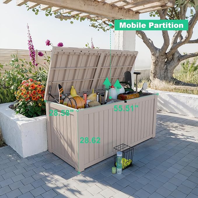 180 Gallon Outdoor Deck Box,Storage Lockable Waterproof Patio Furniture,Garden Tools,Cushions,Pool Accessories Outside Storage Resin Box(Grey)-VerdiqueGarden