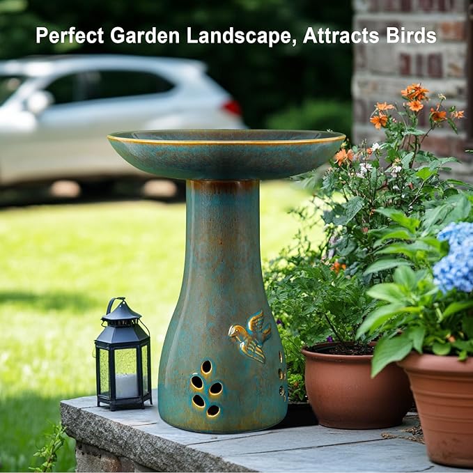 Ceramic Bird Bath for Outdoors, 21.5 inch Heavy Duty Bird Bath，Weather-Resistant Birdbath for Outdoor Garden Use, Attracts Birds, Elegant Yard Décor - Blue-VerdiqueGarden