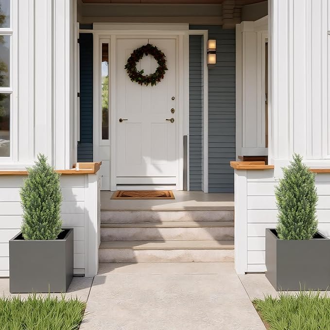 THE BLOOM TIMES 3ft Topiary Trees Artificial Outdoor 2 Pack – UV Resistant Faux Cedar Pine Cypress Bushes and Shrubs, Fake Potted Plants for Front Porch Outside Planter Patio Decor, Set of 2 (3 Foot)-VerdiqueGarden