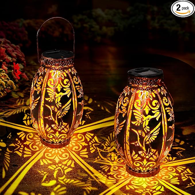 Hummingbird Lantern 2 Pack Solar Lanterns Outdoor Hanging Solar Lights, Upgraded Metal Garden Lanterns - Waterproof LED Decorative Light for Garden Patio Yard Gifts for Mom Grandma Women-VerdiqueGarden
