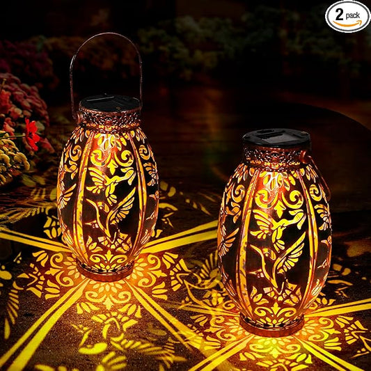 Hummingbird Lantern 2 Pack Solar Lanterns Outdoor Hanging Solar Lights, Upgraded Metal Garden Lanterns - Waterproof LED Decorative Light for Garden Patio Yard Gifts for Mom Grandma Women-VerdiqueGarden
