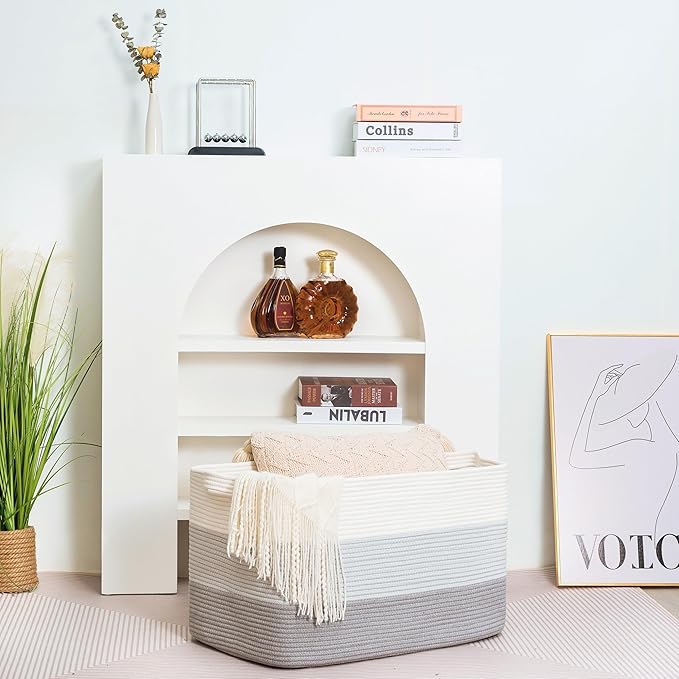 MINTWOOD Design 22in Extra Large Blanket Basket Holder Living Room, Rectangle Rope Woven Storage Basket with Handles for Laundry, Pool Towels, and Shoes, Dog Toy Organizer Bin Box, 3-Tone Light Gray-VerdiqueGarden