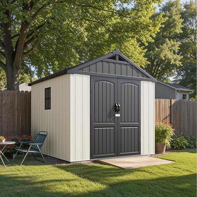 Patiowell 8 x 8 FT Resin Outdoor Storage Shed with Floor, Large Shed with Light and Lockable Door for Garden, Backyard, Tool Storage Use, Easy to Install in Beige (Kick-it Shed)-VerdiqueGarden