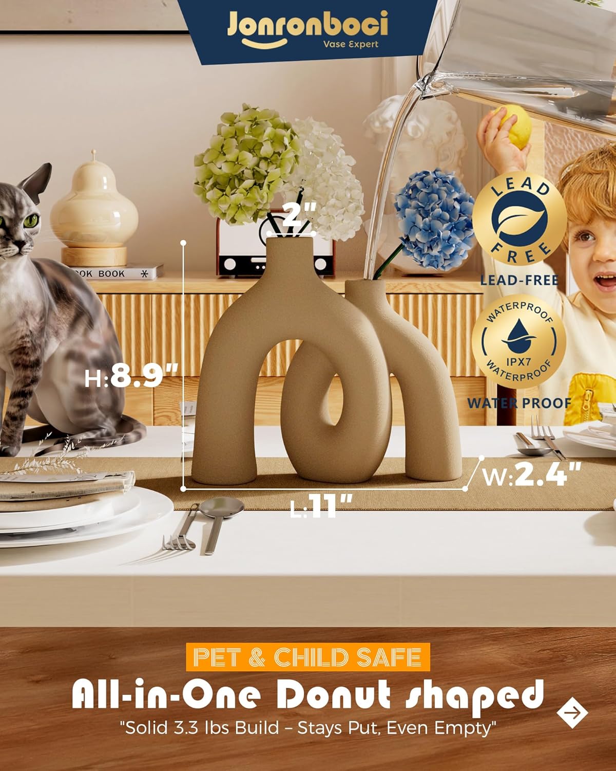 Hug Donut Decorative Vase Set - Tan Modern Rustic Farmhouse Style Vases Home Decor,Matte Ceramic Decorations for Living Room Shelf, Bookshelf Mantle Entryway Table Centerpiece or Console Décor(Brown)-VerdiqueGarden