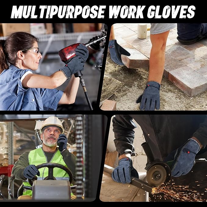 HLDD HANDLANDY Leather Work Gloves for Men & Women, Adjustable Wrist Cowhide Gardening Glove with Reinforced Palm for Driver-VerdiqueGarden