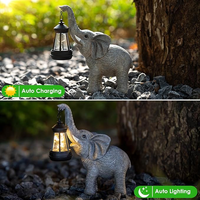 Solar Garden Statue Lights Elephants Figurine with Solar Lantern, Outdoor Yard Decorations for Patio Porch Home, Christmas Elephant Gifts for Women - Unique Housewarming Gifts-VerdiqueGarden