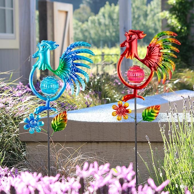 Rooster Solar Garden Lights, 2 Pack Metal Solar Stake Light, 27" H Outdoor Chicken Statues Figurine Lights for Spring Garden Lawn Patio Yard Decoration-VerdiqueGarden
