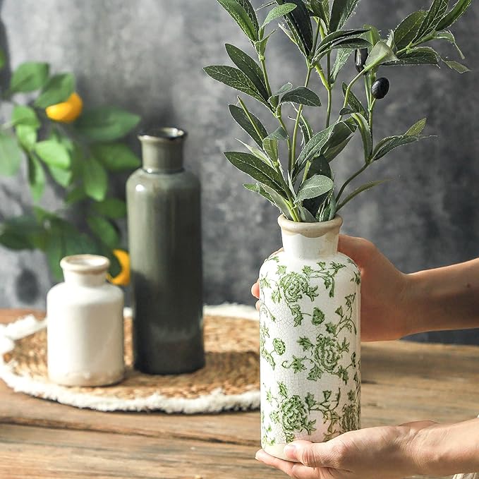 Vintage Vase Set of 3, Ceramic Vintage Flower Vases, Chinoiserie Decorative Home Decor Retro Floral Vase Rustic Farmhouse Decor for Table Bookshelf Mantel Kitchen Living Room Office - Green and Beige-VerdiqueGarden