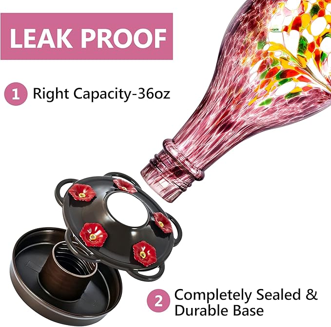 LUJII Hand Blown Glass Hummingbird Feeder for Outdoors Hanging with Ant Guard, 36 fl.oz, Leak Proof & Rustproof, Metal Base with 5 Feeding Ports & 5 Perches, Unique Garden & Backyard Decor (Purple)-VerdiqueGarden