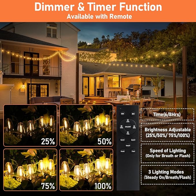 100FT Outdoor Solar String Lights with Remote, USB Rechargeable LED Patio Lights with 52 Timer Dimmable ST38 Edison Bulbs, Enhanced 5W Solar Panel Outside Hanging Lights for Porch Garden Deck Backyard-VerdiqueGarden
