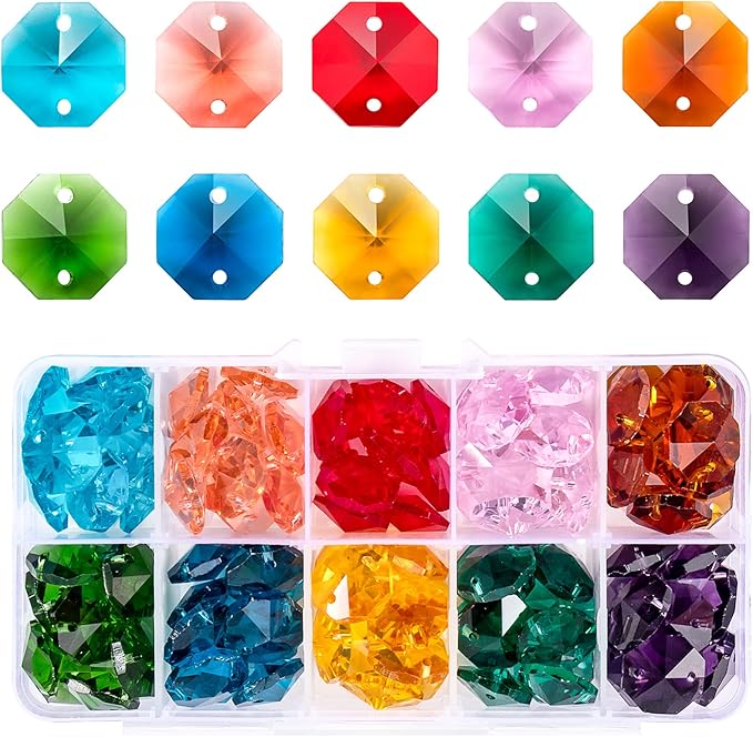 100 Pcs Glass Octagon Crystal Beads 14mm Colorful Crystal Chandelier Parts Replacement Beads DIY Lamp Hanging Pendant Suncatcher Beads-VerdiqueGarden