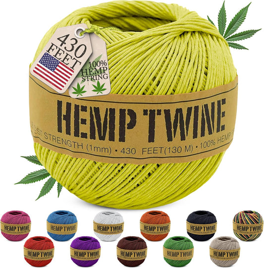 Hemp Twine for Gardening - Twine for Crafts - Organic Natural Hemp String for Jewelry Making - Strong Durable Cord for Decoration, Macrame + Cooking - 1MM, 100G/430 Ft. - 20 lb. Test Strength - Yellow-VerdiqueGarden