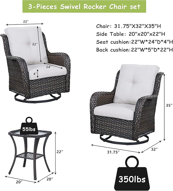 Outdoor Patio Swivel Rocker Chairs - 3 Piece Patio Bistro Set,Wicker Patio Furniture Set with 2 Swivel Rocking Chairs and 1 Glass Top Side Table for Deck Porch Garden,Brown/Beige-VerdiqueGarden