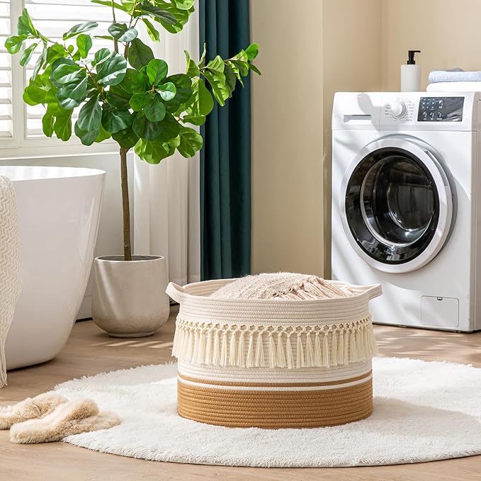 KAKAMAY Large Blanket Basket (20"x13"),Woven Baskets for storage Baby Laundry Hamper, Cotton Rope Blanket Basket for Living Room, Laundry, Nursery, Pillows, Baby Toy chest (White Fringe)-VerdiqueGarden