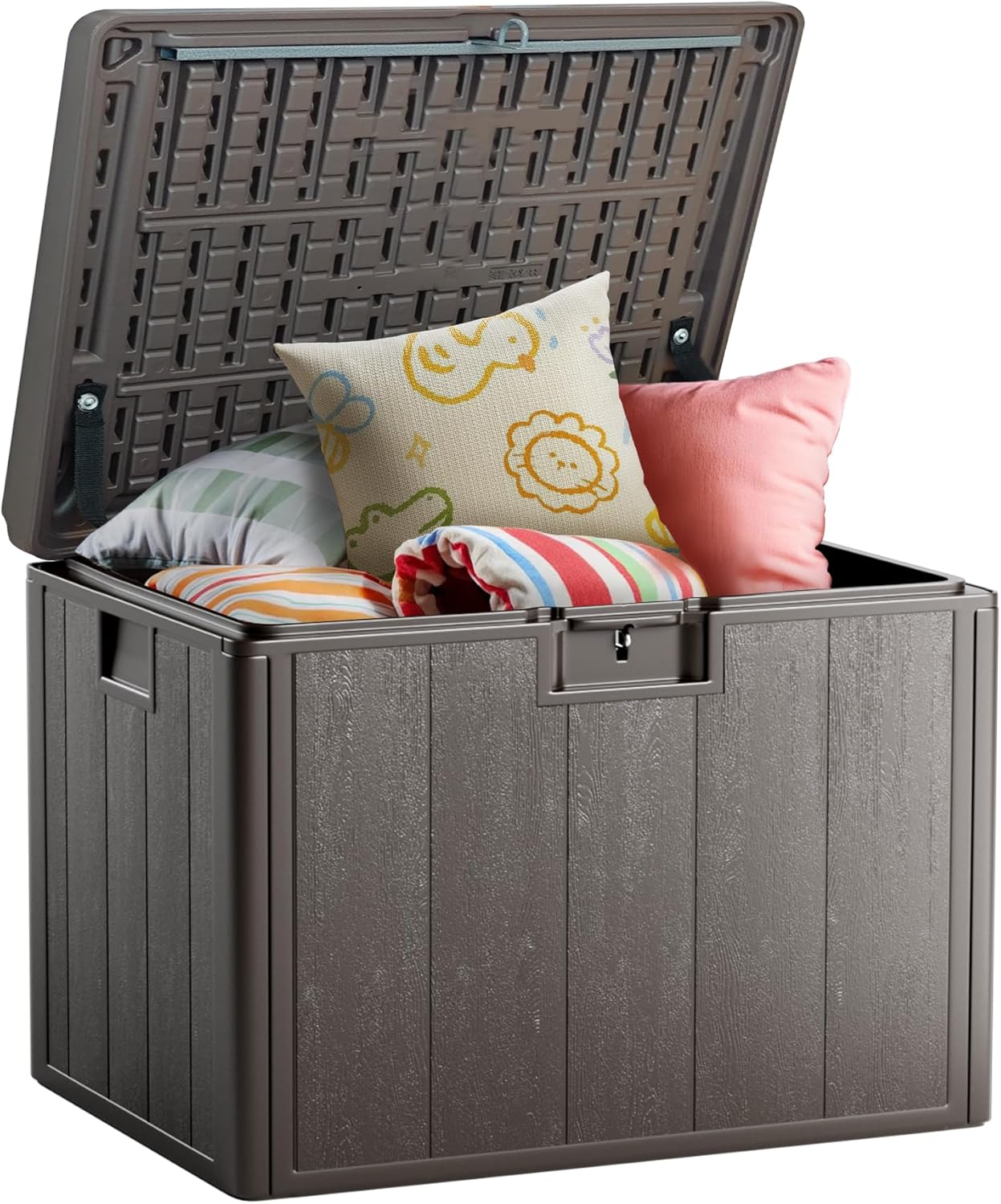 40 Gallon Deck Box, Double Layer Waterproof Resin Outdoor Indoor Storage Box, Lockable & UV Resistant Storage Bin for Patio Furniture, Garden Tools, Pool Accessories (Brown)-VerdiqueGarden