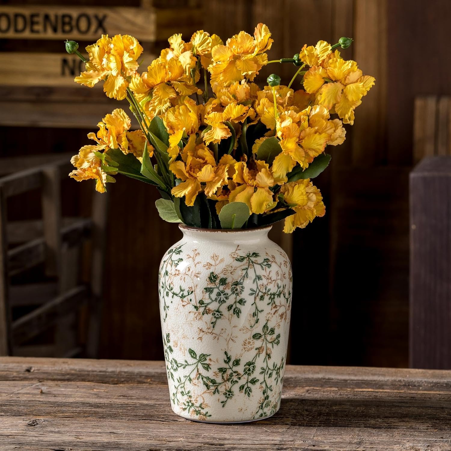 Vintage Pastoral Green and Beige Vase, Round Ceramic Floral Vases, Retro Ice Cracked Chinoiserie Vase for Home Decor, Living Room, Bookshelf, Office, Rustic Table Centerpiece 7.8 Inch-VerdiqueGarden