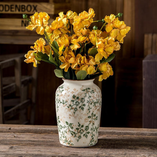 Vintage Pastoral Green and Beige Vase, Round Ceramic Floral Vases, Retro Ice Cracked Chinoiserie Vase for Home Decor, Living Room, Bookshelf, Office, Rustic Table Centerpiece 7.8 Inch-VerdiqueGarden