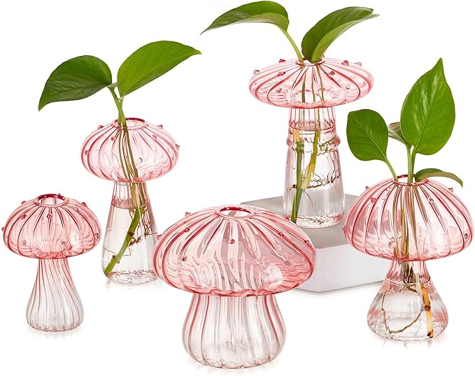 Glasseam Mushroom Plant Propagation Stations: Pink Glass Terrarium Jar Set of 5 Cute Planters for Indoor Plants Decorative Propagate Vase Unique Gifts for Women Home Office Decor-VerdiqueGarden