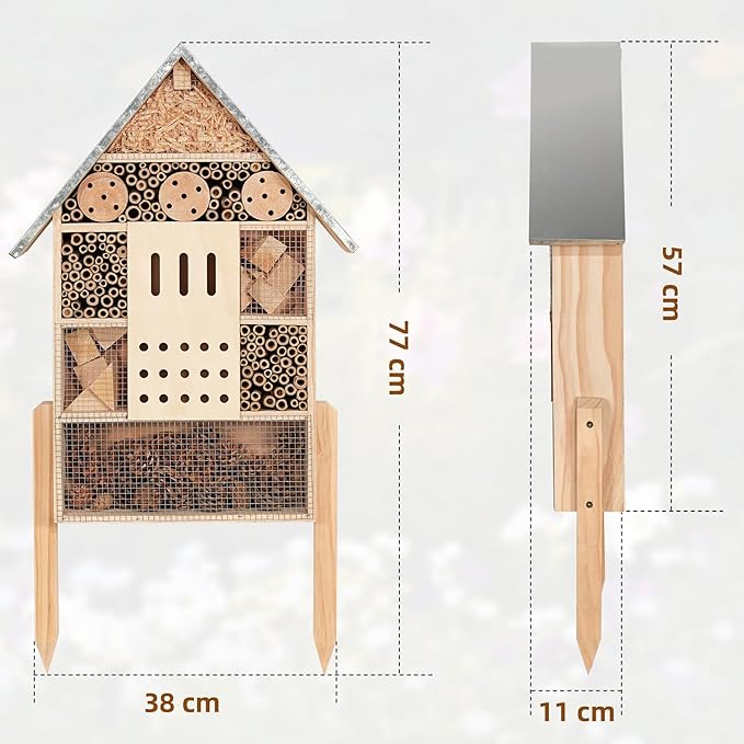 antiai Extra Large Wooden Insect House with Stakes,Wood Mason Bee Butterfly House,Insect Hotel,an Outdoor Bamboo Habitat for Ladybugs Live,Bee Box,Butterfly Habitat for Garden and Yard,30" H x15 W-VerdiqueGarden