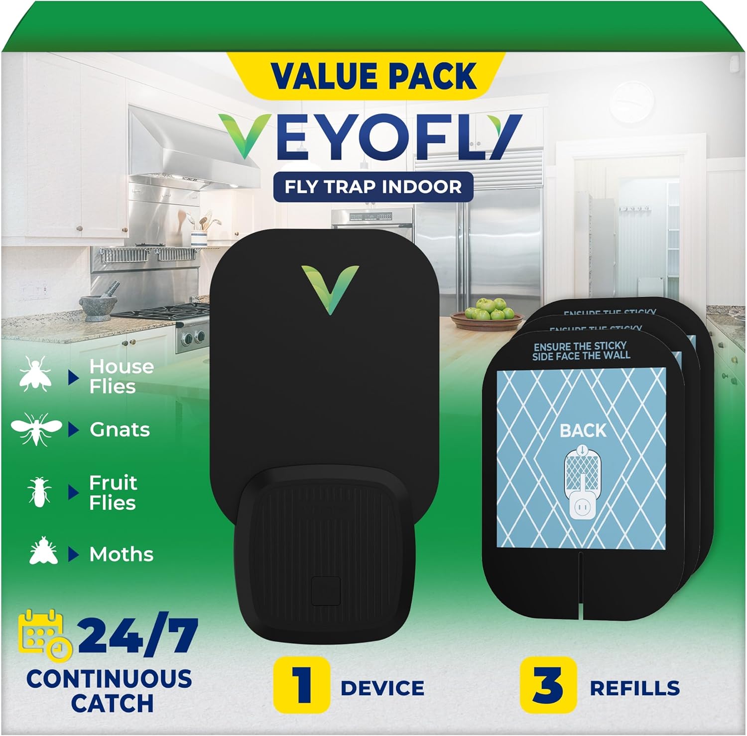 VEYOFLY Fly Trap Indoor, Fruit Fly Traps for Indoor, (1 Device + 3 Refills) Gnat Traps for House, Fly Catcher, Plug in Light Flying Insect Trap, Bug Light Killer, Fly Trap-VerdiqueGarden