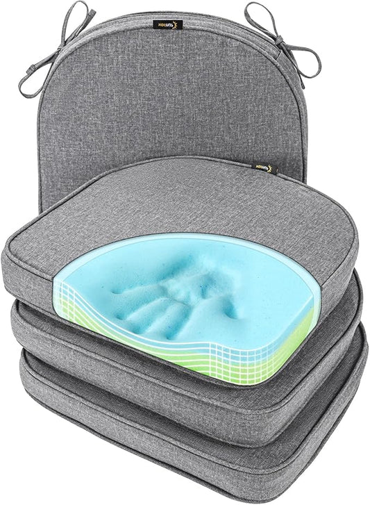 SUNROX Gel Memory Foam Chair Cushion with Ties, Ultra Durable Water Resistant FadeShield Outdoor/Indoor Reversible Chair Seat Cushion 17 x 16 inch Set of 4, Heather Charcoal-VerdiqueGarden