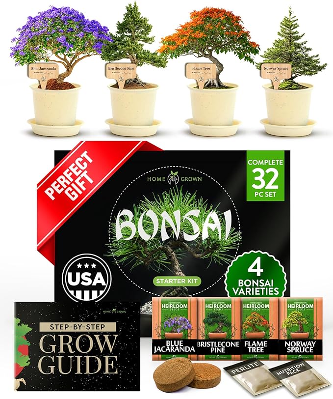 HOME GROWN Bonsai Tree Kit, Grow Your Own: Premium 4 Bonsai Trees Starter Kit | Unique Japanese Gardening Gift for Moms, Women, Men, Beginners & Gardeners | Creative Crafts for Adults BK1-2nd-MF-VerdiqueGarden