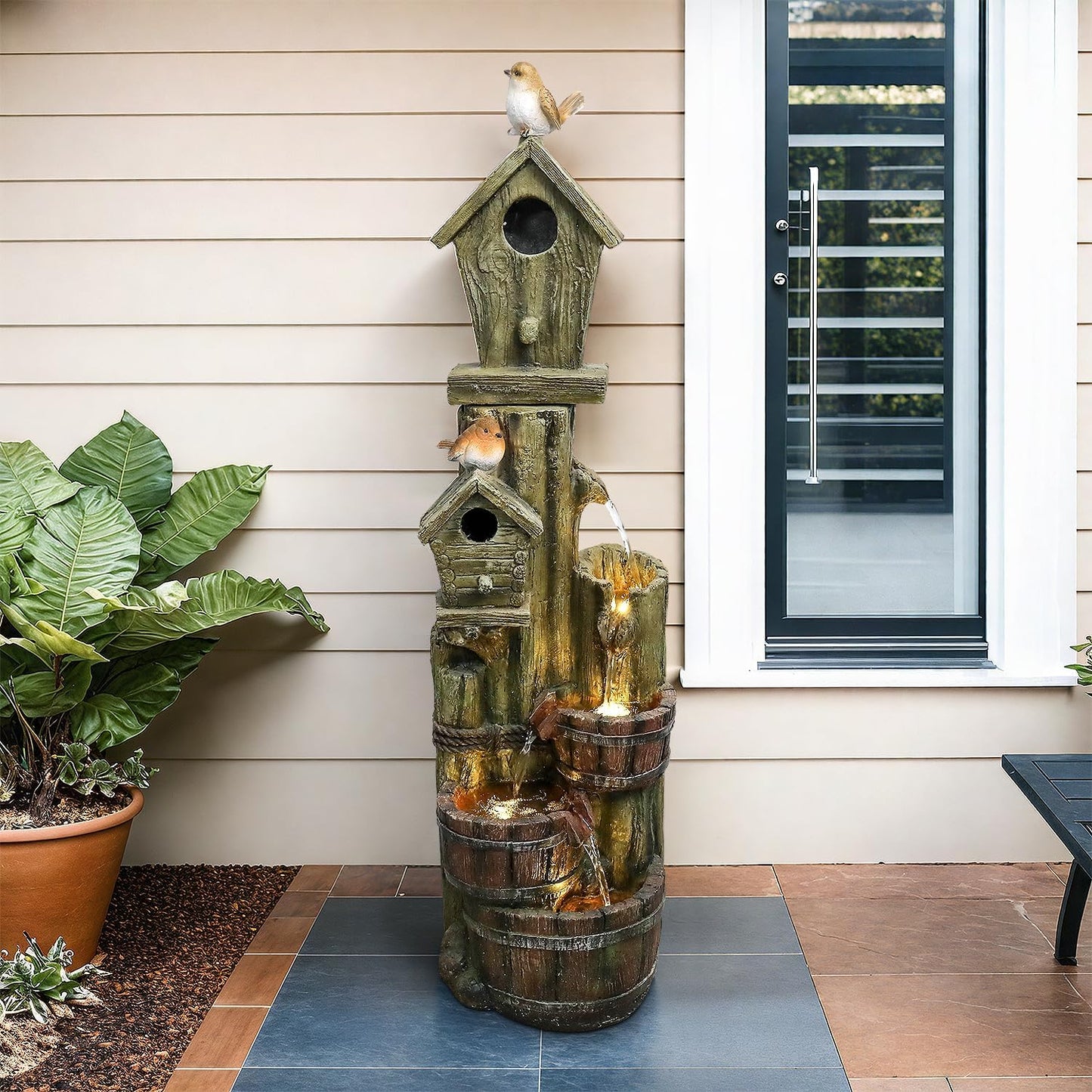Outdoor Water Fountain with Birdhouse, 39.3inches Rustic Outdoor Water Fountains - Outdoor Cascading Waterfall with Decorative Birds & Buckets, Pump & Lights for Backyard Patio Decor-VerdiqueGarden