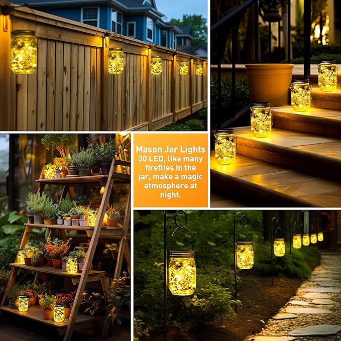 GIGALUMI Solar Mason Jar Lights, 12 Pack 30 Led String Fairy Lights Garden Lights Outdoor Waterproof Metal Lid Hanging Solar Lanterns for Outdoor, Garden, Patio, Lawn, Balcony Decoration-VerdiqueGarden
