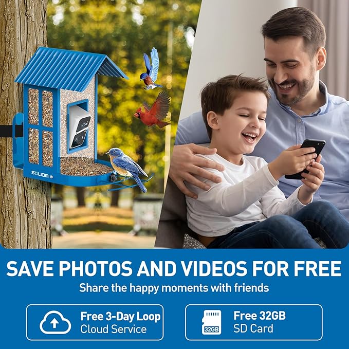 Bird Feeder with Camera with AI Identify Species, Wild Bird Watching, 2K Live View, Instant Arrival Alerts with 5W Solar Powered-Soliom BF08 Metal Blue-VerdiqueGarden