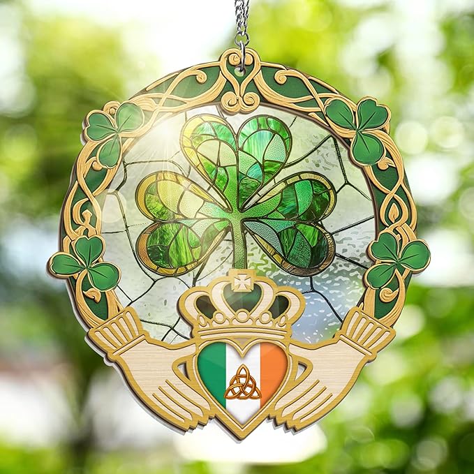 FLAGWIX Irish Gifts for Women, Men - Christmas, Birthday Gifts for Women, St Patricks Day, Shamrock Decorations, Good Luck Gifts, Claddagh, Celtic Home Decor - Window Suncatcher Hanging Decorations-VerdiqueGarden