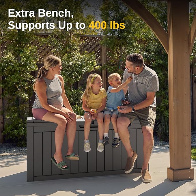 EAST OAK Outdoor Storage Box, 90 Gallon Deck Box, Waterproof Resin Storage Bin for Patio Cushions, Gardening Tools, Lockable, UV Resistant, Grey-VerdiqueGarden