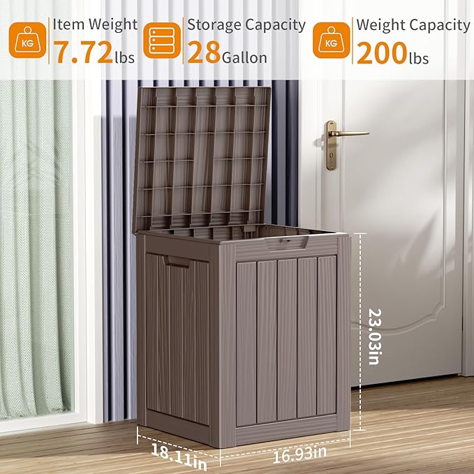 28 Gallon Resin Deck Box, Lockable Patio Outdoor Storage Box for Furniture, Garden Tools and Tools Storage, Waterproof Outside Storage Boxes - Grey-VerdiqueGarden