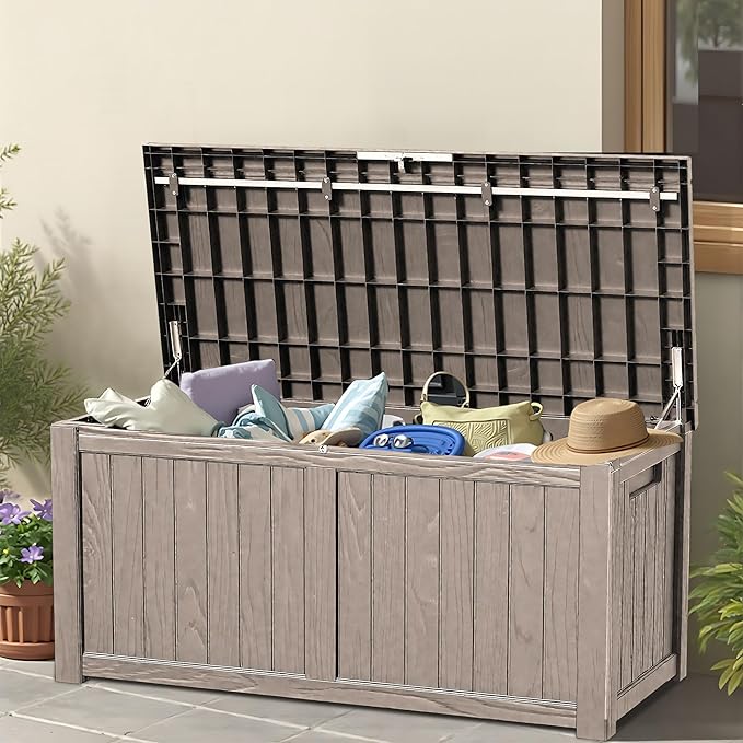 120 Outdoor Storage Box, Waterproof Resin Deck Box for Indoor & Outdoor Use, Lockable Storage Bench with Piston Hinge, Storage Bin for Patio Cushions, Garden Tools, Package Delivery, Grey-VerdiqueGarden