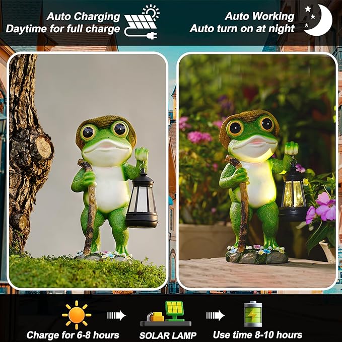 Solar Frog Garden Decor with Lantern Outdoor Statue for Patio Pathway Frog Figurine for Yard Decoration Lawn Ornament Gardening Gifts for Women Mom Grandma-VerdiqueGarden
