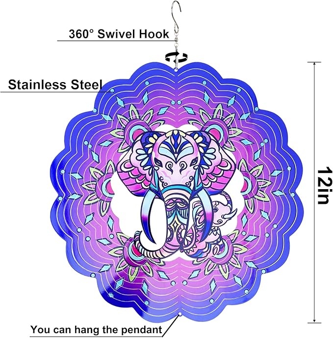 Elephant Wind Spinners 3D Hanging Wind Spinner Elephant Ornament Gifts for Women Mom Grandma,12inch Metal Wind Kinetic Sculpture for Outdoor&Indoor Decor, Yard Art, Garden Decoration-VerdiqueGarden