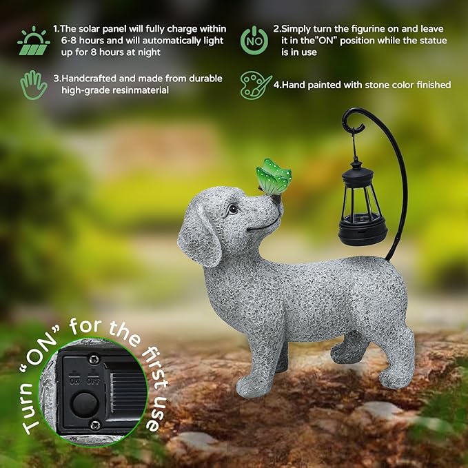 Solar Garden Outdoor Statues Dog with Butterfly Solar Lantern, Lawn Decor Puppy Figurine for Patio Balcony Yard, Yard Unique Christmas Birthdays Gift for Mom Grandma-VerdiqueGarden