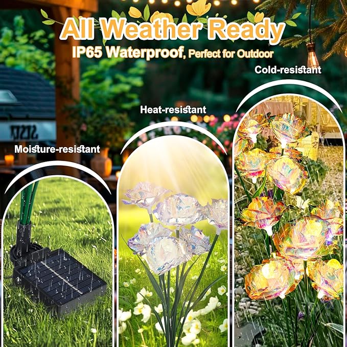 Solar Garden Lights Outdoor, 4 Pack 24-Head Artificial Flowers Solar Lights, IP65 Waterproof Garden Decoration for Yard Patio Path Cemetery Grave, Gifts for Mom Women Bithday Mother's Day-Auto ON/Off-VerdiqueGarden