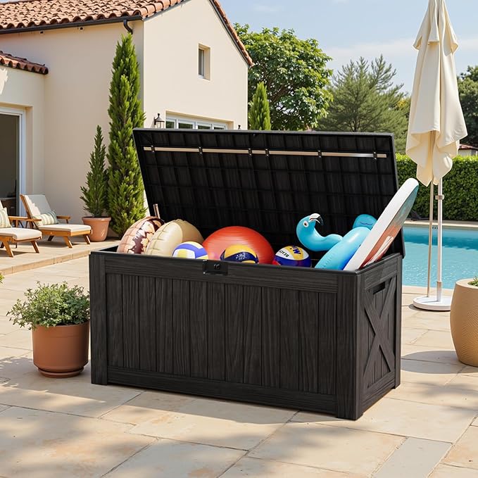 Greesum 120 Gallon Outdoor Storage Box with Lock - Large Resin Deck Box, Reinforced Lid for Garden, Patio, Lawn, Black-VerdiqueGarden