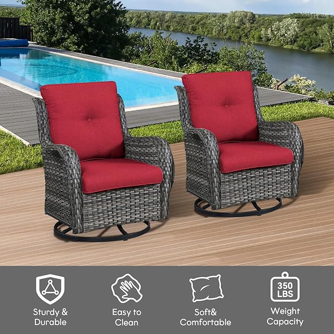 Outdoor Swivel Rcoker Wicker Chairs - Swivel Patio Chairs Set of 2 Patio Furniture Sets with Covered Cushion for Porch Deck Balcony Backyard, Red-VerdiqueGarden