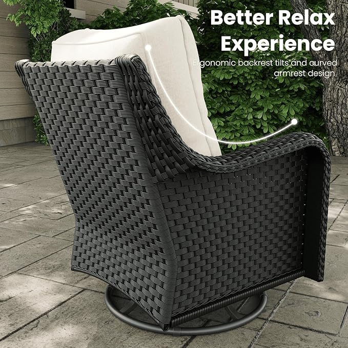 9 Pieces Outdoor Patio Furniture Sets with Rocking Swivel Chairs with 6-inch Thick Cushion and Side Table for Deck Lawn-VerdiqueGarden