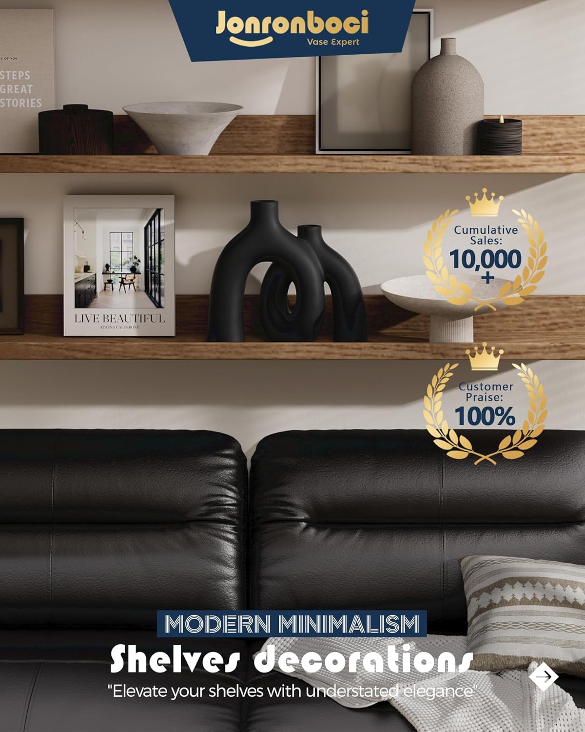 Matte Black Vase Set - Hug Hollow Donut Aesthetic Ceramic Vases Home Decor, Modern Nordic Minimalist Decorative Vase for Table Centerpiece Bookshelf Office Entryway Console Fireplace (Black)-VerdiqueGarden