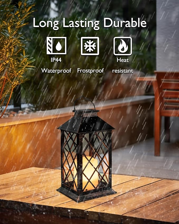 Homemory Solar Lanterns Outdoor Waterproof Hanging with Flickering Flameless Candles, 2 Pack 13'' Garden Outdoor Lantern Decorative for Patio Front Porch Backyard Balcony Cabin Outside(Antique Copper)-VerdiqueGarden