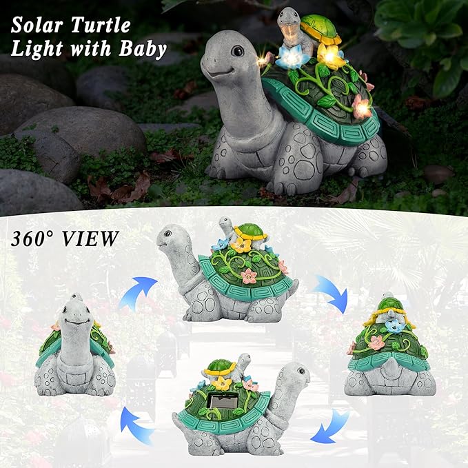 LESES Garden Statues, Turtle Solar Statue Garden Decor Clearance, Cute Turtle Figurines with Baby & 7 LED Solar Lights Lawn Decorations for Patio Yard Gifts for Mom Grandma Housewarming-VerdiqueGarden