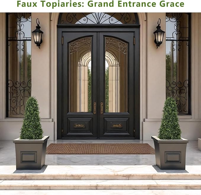 3ft Artificial Boxwood Topiary Trees (Set of 2) - UV Resistant Faux Plants Outdoor, Realistic 36" Fake Cone Bushes and Shrubs for Front Porch, Planter, Patio - Low Maintenance & Evergreen-VerdiqueGarden