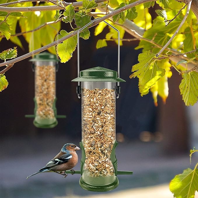 MIXXIDEA Wild Bird Feeders For Outdoors Hanging Stainless Steel Hanging Bird Feeder Tube, Finch Feeder For Garden Backyard Decoration Attractive Water Resistant Bird Feeders For Outside Green - 2 Pack-VerdiqueGarden
