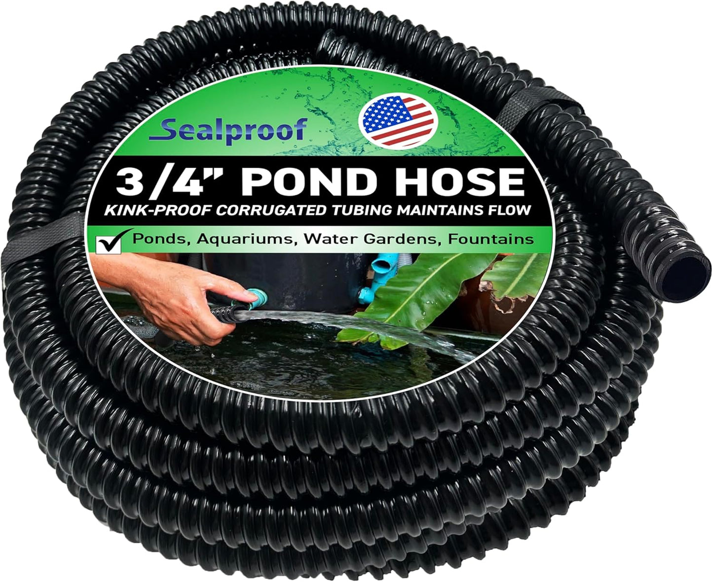 Sealproof 3/4" Dia Corrugated Pond Tubing 3/4-Inch ID, 20 FT Long, Black Kink Free Strong and Flexible Made in USA PVC Tubing-VerdiqueGarden