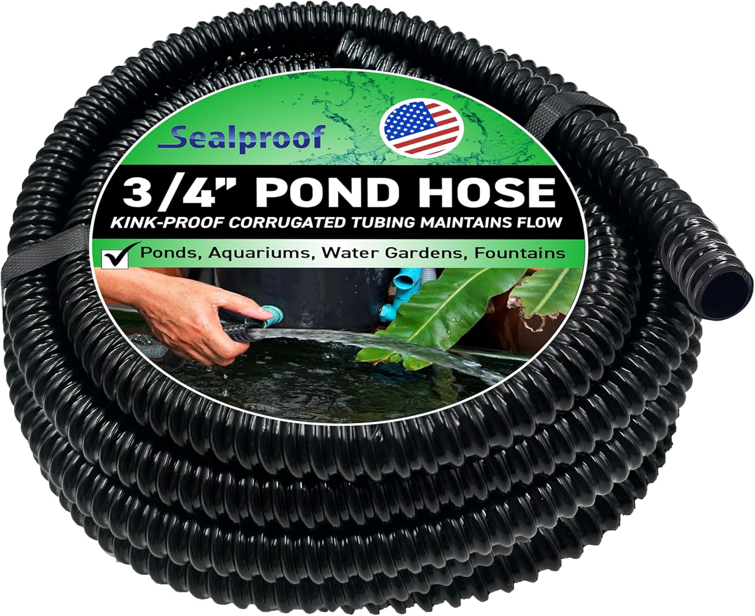 Sealproof 3/4" Dia Corrugated Pond Tubing 3/4-Inch ID, 20 FT Long, Black Kink Free Strong and Flexible Made in USA PVC Tubing-VerdiqueGarden